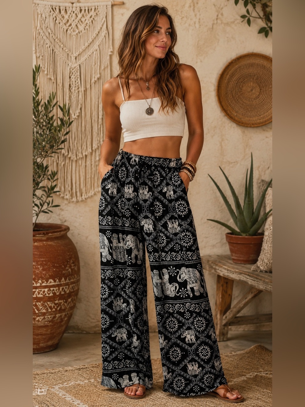Boho Palazzo Pants Black & Cream  Wide-Leg Elephant Print Hippie Casual Resort